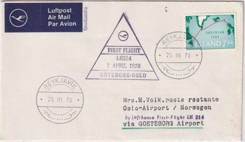Island - Lufthansa Firstflight Göteborg Oslo Zuleitungspost Reykjavik 25.3.70