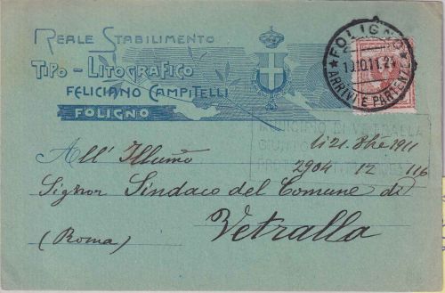 Italien - 2 C. Adler/Wappen illustr. Firmenkarte/Drucksache Foligno 1911