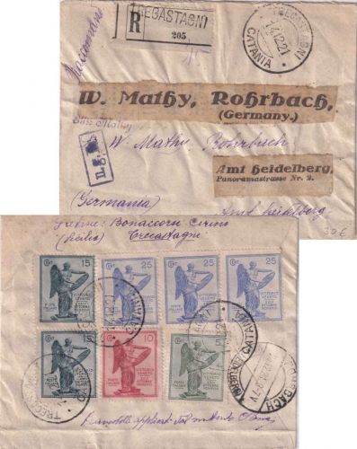 Italien - 3x25+2x15+10+5 C. Vittorio Venneto Einschreibebrief Trecastagni 1921