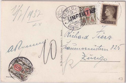 Italien - 10 C. Augustus Karte i.d. SCHWEIZ 2x Nachporto Zürich 1937