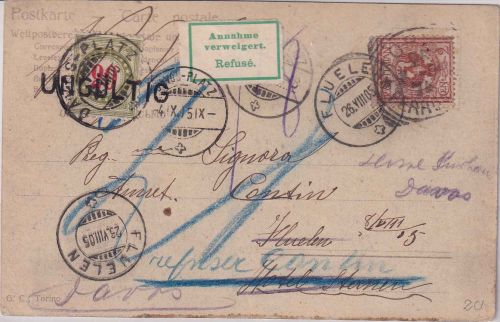 Italien - 2 C. Adler/Wappen Karte i.d. SCHWEIZ Turin 1905 Nachporto/verweigert