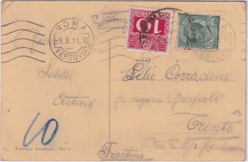Italien - 5 C. Victor E.III Karte n. ÖSTERREICH Rom - Triest 1911 Nachporto
