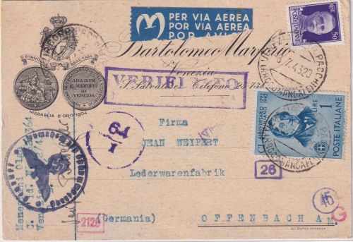 Italien - 1 L. Rossini u.a. illustr. Luftpostkarte Venedig - Offenbach 1943