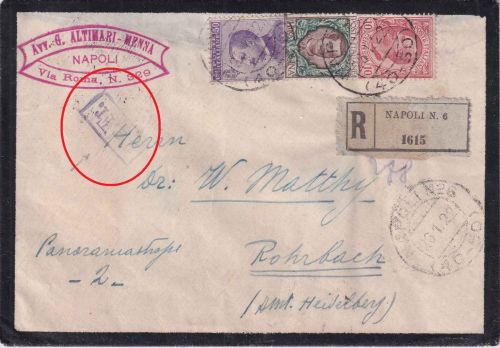 Italien - 1 L Victor E.III u.a. Einschreibebrief Napoli - Rohrbach 1922 - Zensur