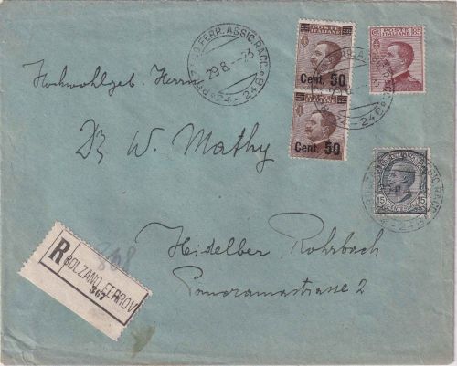 Italien - 85 C Victor E.III u.a. Einschreibebrief Bozen/Bahnpost - Rohrbach 1923