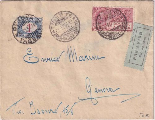 Italien - 50 C. Posta Aerea + 1 L. Portomarke Luftpostbrief Triest Genua 2.11.31