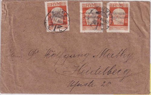 Italien/Fiume - 3x20 C. u.a. Annunzio/Überdruck Brief Fiume Heidelberg 17.3.1921