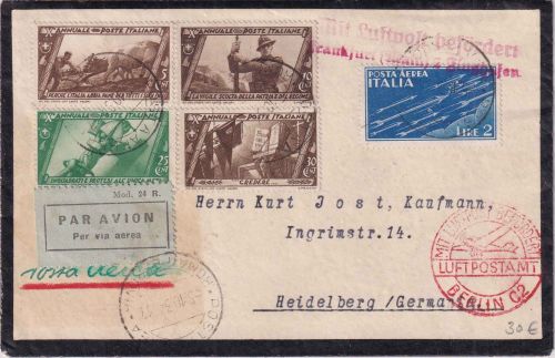 Italien - 2 L Flugpostmarke u.a. Luftpostbrief Rom Heidelberg ü. Berlin/FFM 1934