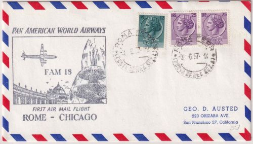 Italien - PanAm Firstflight Rome/Chicago Luftpostbrief n. San Francisco 1957