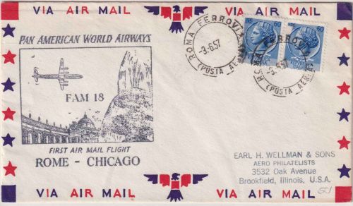 Italien - PanAm Firstflight Rome/Chicago Luftpostbrief n. Brookfield 1957