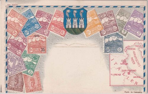 San Marino - Freimarkenausgabe "Ziffer u. Monte Titano" farb. Präge-AK ca. 1903