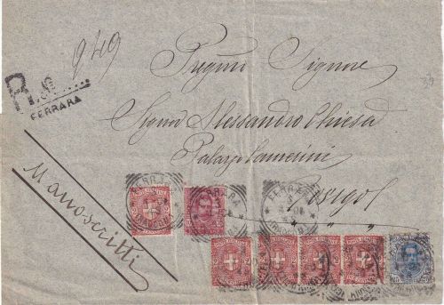 Italien - 25 C. Umberto I. u.a. Einschreibe-Streifband Ferrara - Rovigo 1900