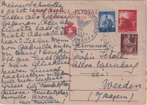 Italien - 3 L. Fackel Ganzsache+Zusatz Arona - Weiden 1946 US-Zensur