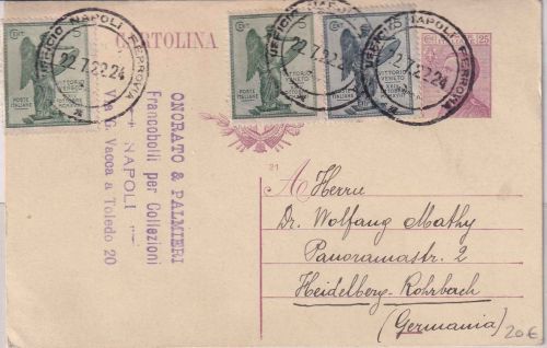 Italien - 25 C. Victor E.III Ganzsache+Zusatz Neapel - Heidelberg 1922