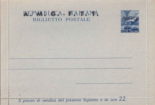 Italien/Triest/Zone A - 20 L. Ölbaum Ganzsache/Kartenbrief/Überdruck AMG-FTT