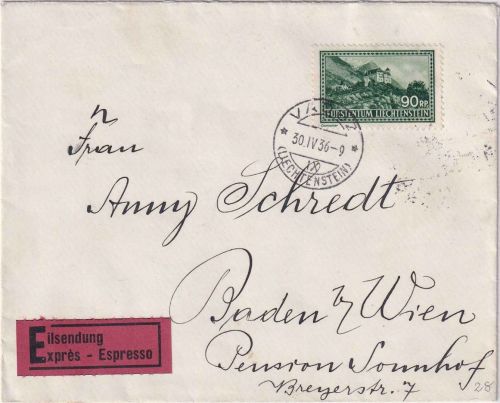 Liechtenstein - 90 Rp. Schloss Gutenberg Eilbrief n. ÖSTERREICH Vaduz 30.4.36