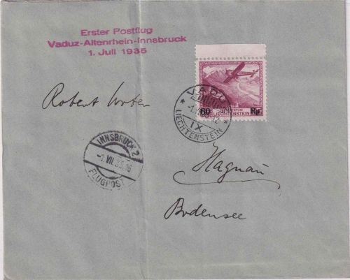 Liechtenstein - 60 Rp./1 Fr. 1. Postflug Vaduz-Altenrhein-Innsbruck 1.7.1935