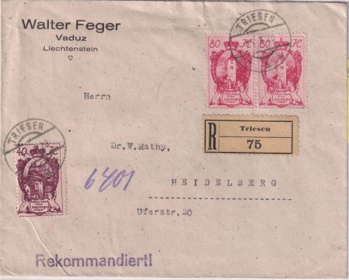 Liechtenstein - 2x80+40 H. Freimarken Einschreibebrief Triesen 15.10.20
