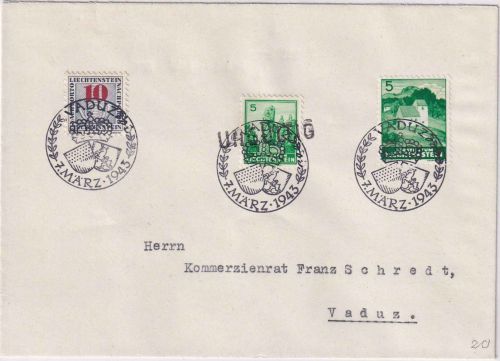 Liechtenstein - 10 Rp. Portomarke Ortsbrief SST Vaduz 7.3.1943