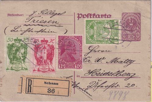Liechtenstein/Österreich - 25 H. öst. Ganzsache + Zusatz/Einschreibekarte 1920