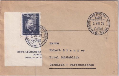 Liechtenstein - 50 Rp Briefmarkenausst. ex Block Einschreibebrief SST Vaduz 1938