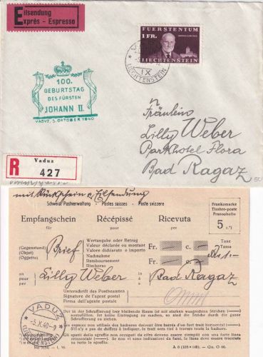 Liechtenstein - 1 Fr. 100. Geb. Johann II. Eil-R-Brief EST Vaduz 5.10.1940