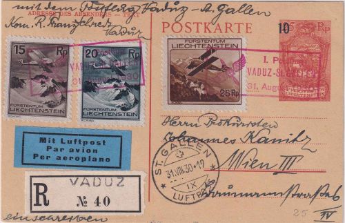 Liechtenstein - 1. Postflug Vaduz/St. Gallen Lupo-Einschreibekarte Vaduz 31.8.30