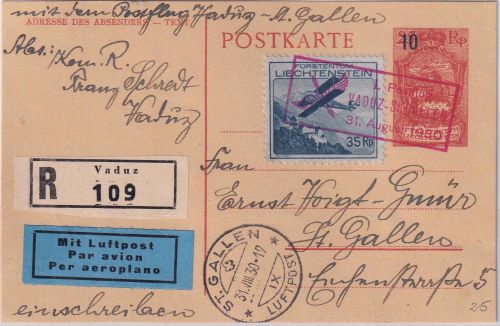 Liechtenstein - 1. Postflug Vaduz/St. Gallen Lupo-Einschreibekarte Vaduz 31.8.30