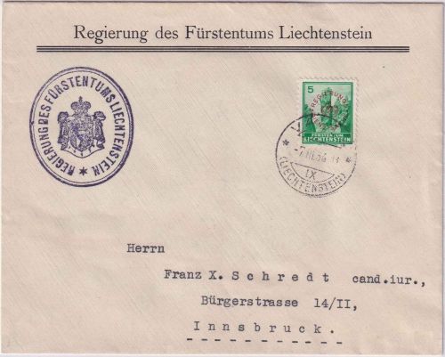 Liechtenstein - 5 Rp. Dienstmarke Drucksache n. ÖSTERREICH Vaduz 7.3.36