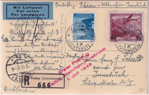 Liechtenstein - 1. Postflug Vaduz-Altenrhein-Innsbruck 1.7.1935 Lupo-R-Karte
