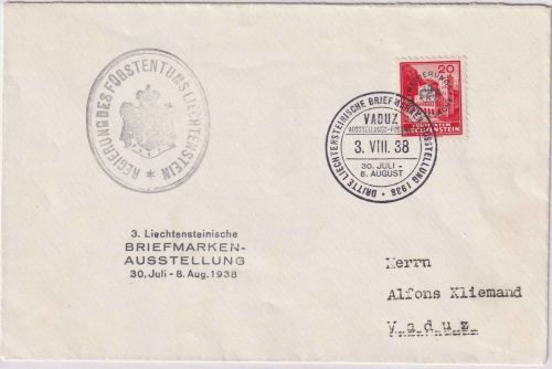 Liechtenstein - 20 Rp. Dienstmarke Ortsbrief SST Vaduz 3. VIII. 38