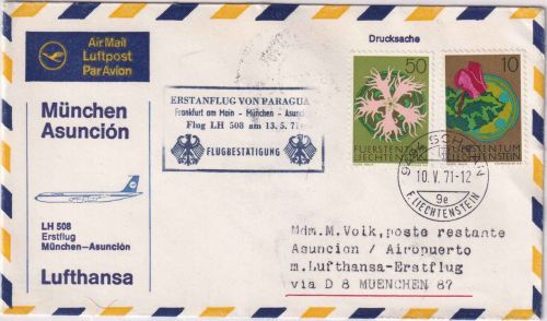 Liechtenstein - Lufthansa-Erstflug München Asuncion Zuleitungspost 1971