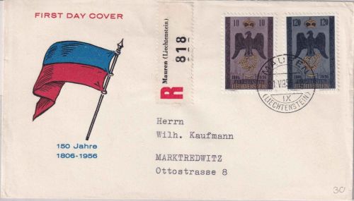 Liechtenstein - 150 Jahre Souveränes Liechtenstein Schmuck-FDC/R-Brief 21.8.1956