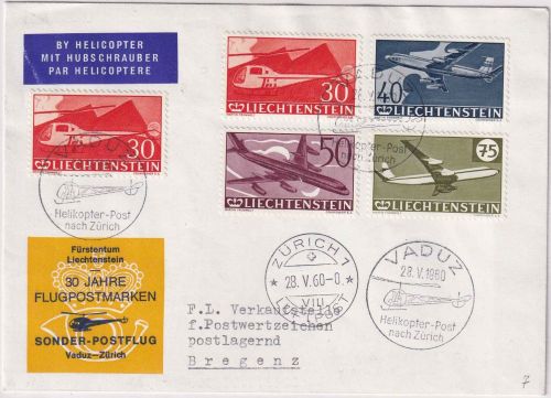 Liechtenstein - 30 J. Flugpostmarken Satzbrief Helikopterpost Vaduz Zürich 1960
