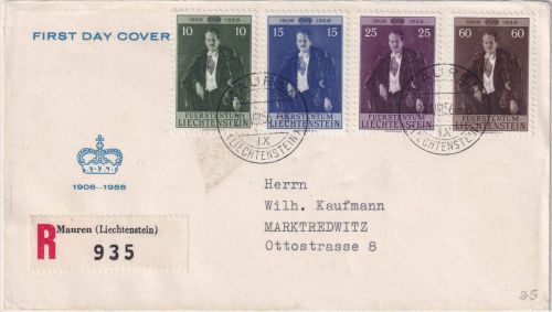 Liechtenstein - 50. Geb. Fürst Franz J. FDC/Einschreibebrief Mauren 21.8.56