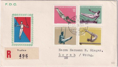 Liechtenstein - Sportmarken (IV) Satz-Einschreibebrief/Schmuck-FDC Vaduz 14.5.57