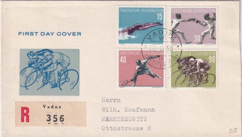Liechtenstein - Sportmarken (V) Satz-Einschreibebrief/Schmuck-FDC Vaduz 18.3.58