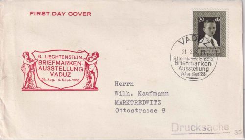 Liechtenstein - Briefmarkenausstellung Vaduz Schmuck-FDC ESST 21.8.1956