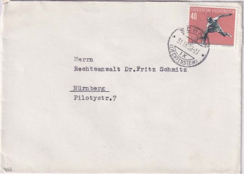 Liechtenstein - 40 Rp. Tennis Brief Schaan - Nürnberg 31.3.1958