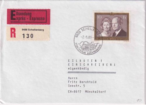 Liechtenstein - 1 Fr. Fürstenpaar Eil-R-Brief/Eigenhändig Schellenberg 1989