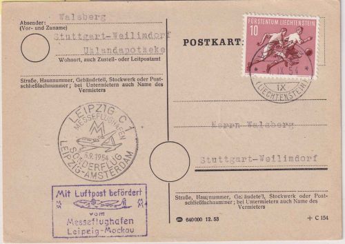 Liechtenstein - 10 Rp Fussball Karte/Zuleitungspost Leipzig Messesonderflug 1954