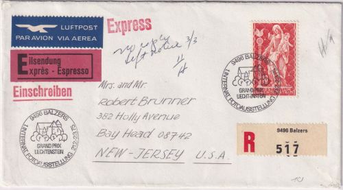 Liechtenstein - 10 Fr. Madonna Lupo-Eil-R-Brief n. USA SST Balzers 1975