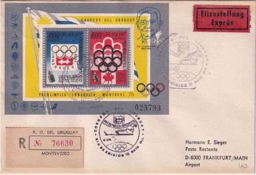 Uruguay - Olympiade 1976 Lufthansa Sonderflug/Blockausgabe Bl. 24) 1975