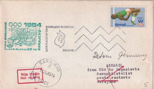 USA - Olympiade 1980 Sonderflug Lake Placid grüßt Sarajewo SST Luftpostbrief