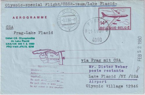 Belgien - 18 Fr. Ganzsache/Aerogramme CSA Sonderflug CZ-Olympia-Team 1980