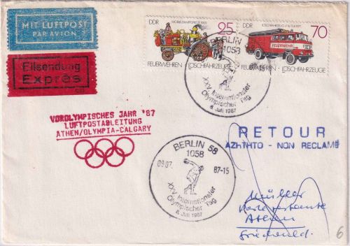 DDR - Olympiade 1988 Vorolypisches Jahr Luftpostableitung Athen/Olympia 1987