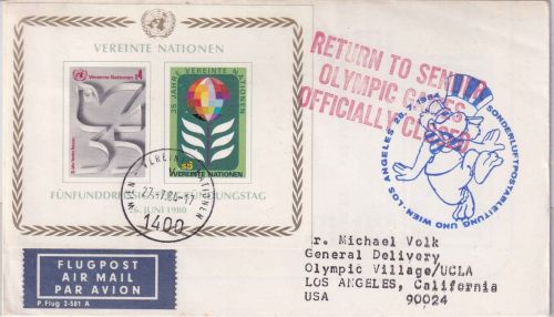 UNO Wien - Olympiade 1984 Sonderluftpost Wien - Los Angeles - Nebenstpl. !