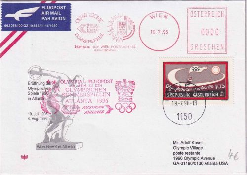 Österreich - Olympiade 1996 AUA Sonderluftpost Wien - Atlanta