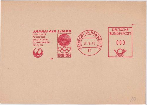 BRD - Japan Air Lines 0 Pfg Probeabschlag Offiz. Olympia-Fluglinie FFM 1963/1964
