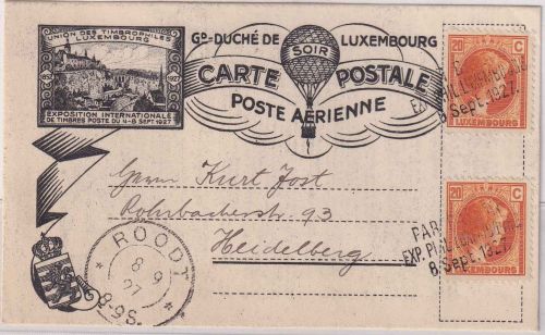 Luxemburg - 2x20 C. Charlotte Ballonpostkarte Rodt - Heidelberg 1927